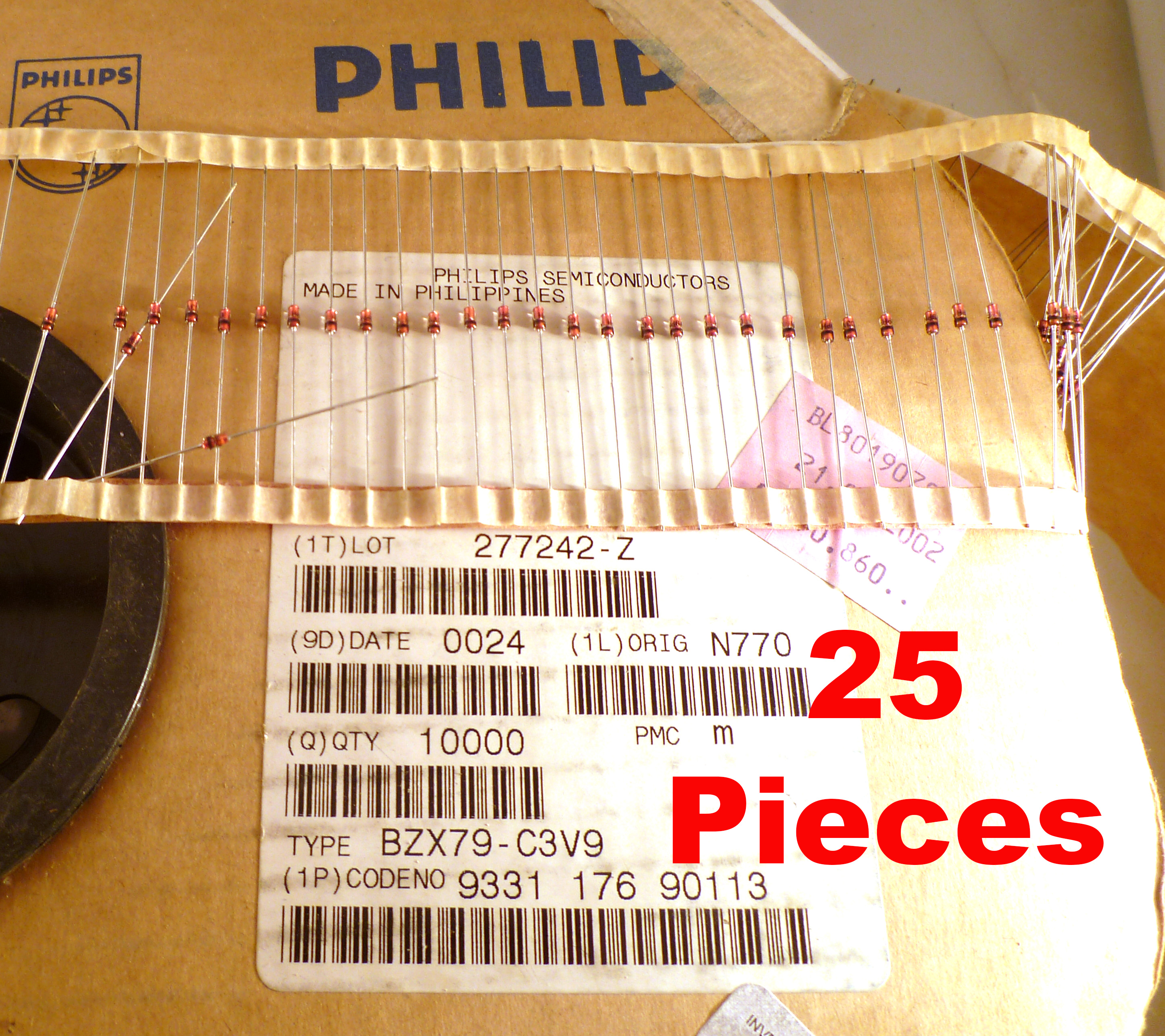 Genuine Philips BZX79C3V9 Zener Diode 3.9V 0.5W DO-35 25 Pieces MBE008F  Rich Electronics