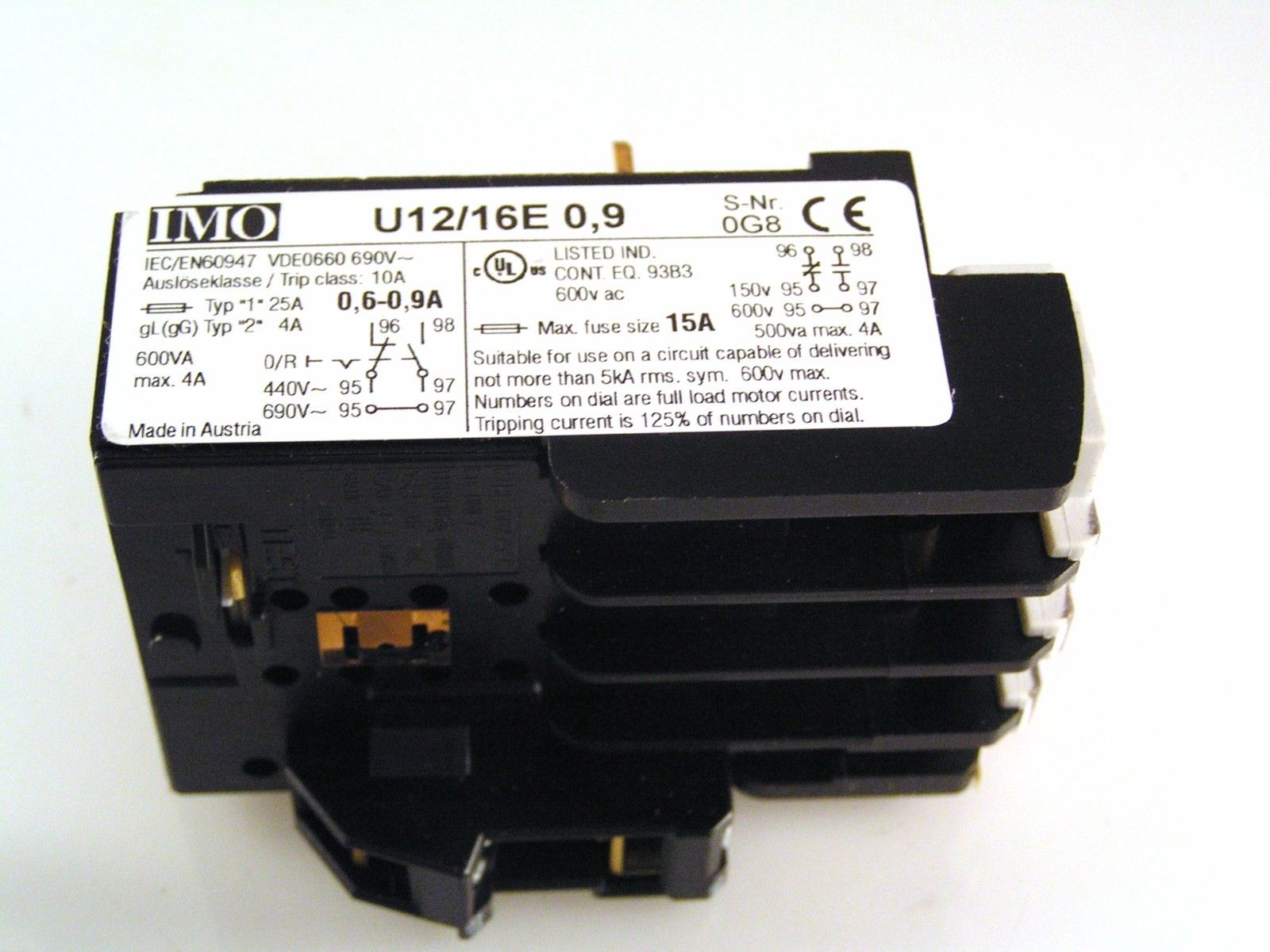 IMO U12/16E 0.9 Thermal Overload Relay Single Phase Protection 0.6-0.9A MBJ1-01
