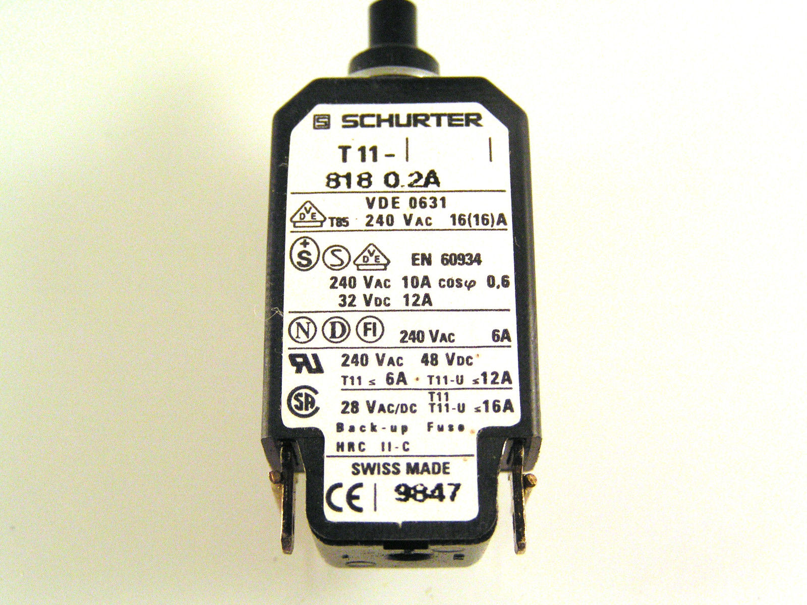 Schurter T11-818 0.2A Thermal Circuit Breaker 240VAC 10A 32VDC 12A OM0572A