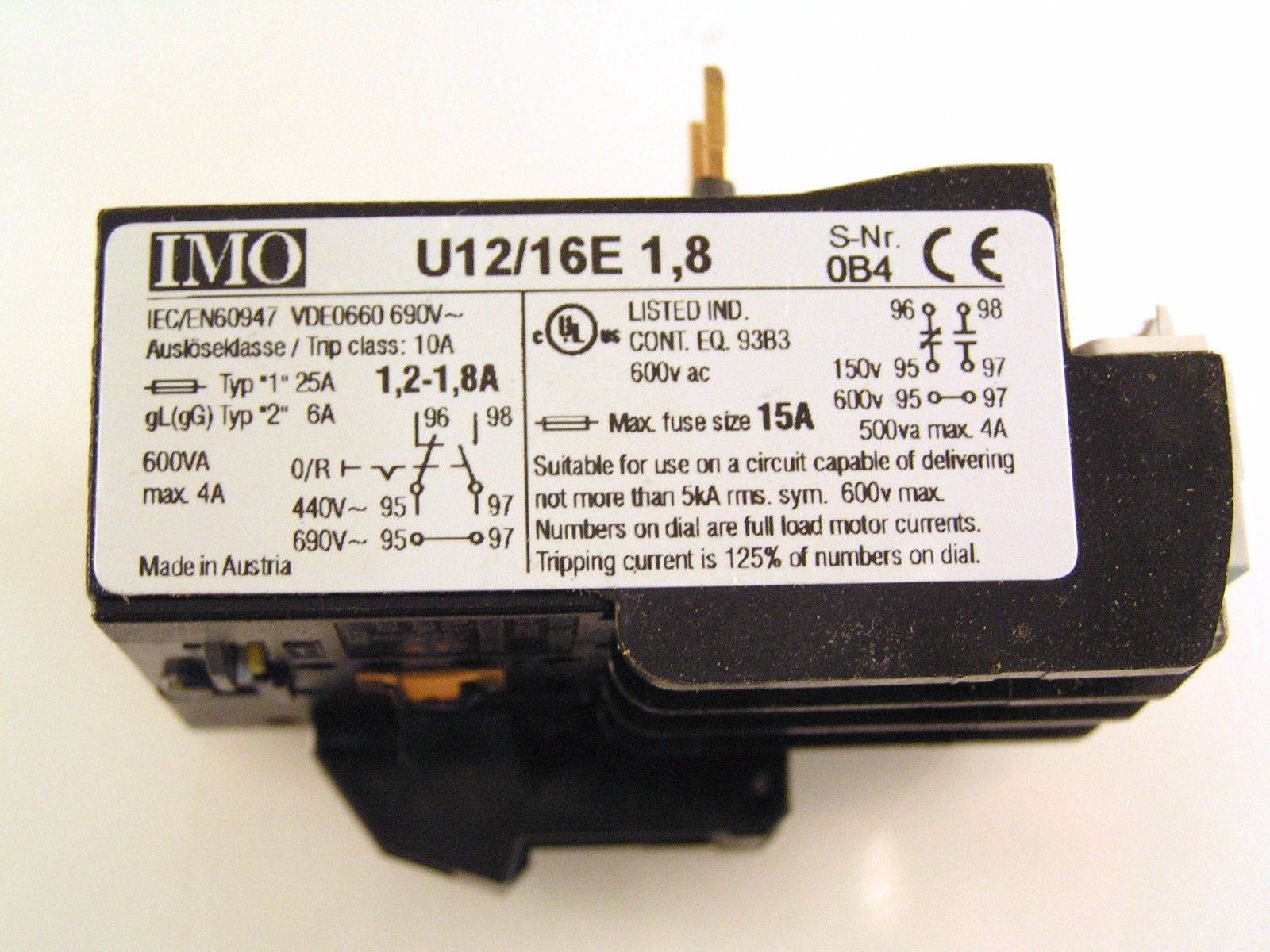 IMO U12/16E 1.8 Thermal Overload Relay Manual Reset 1.21.8 Amp MBJ103