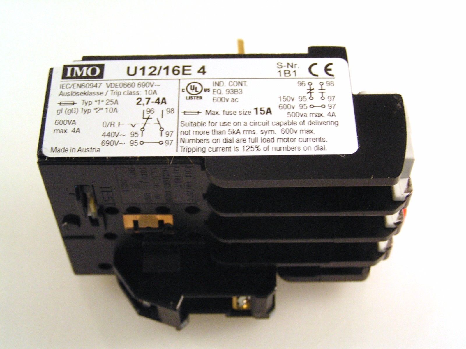 IMO U12/16E 4 Thermal Overload Relay Manual Reset 2.7A 4 Amp MBJ104