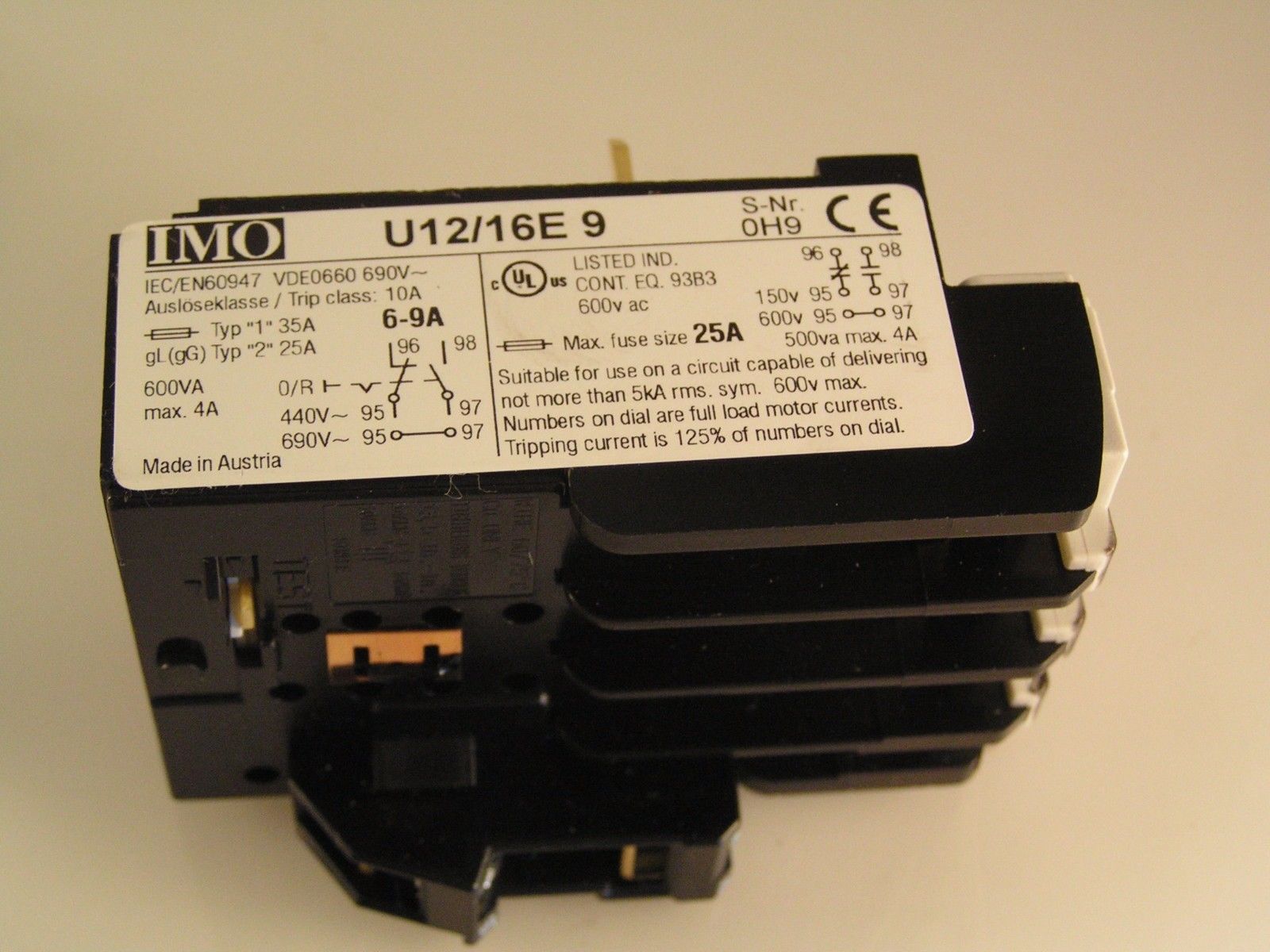 IMO U12/16E 9 Thermal Overload Relay Single Phase Protection 6A9A MBJ1